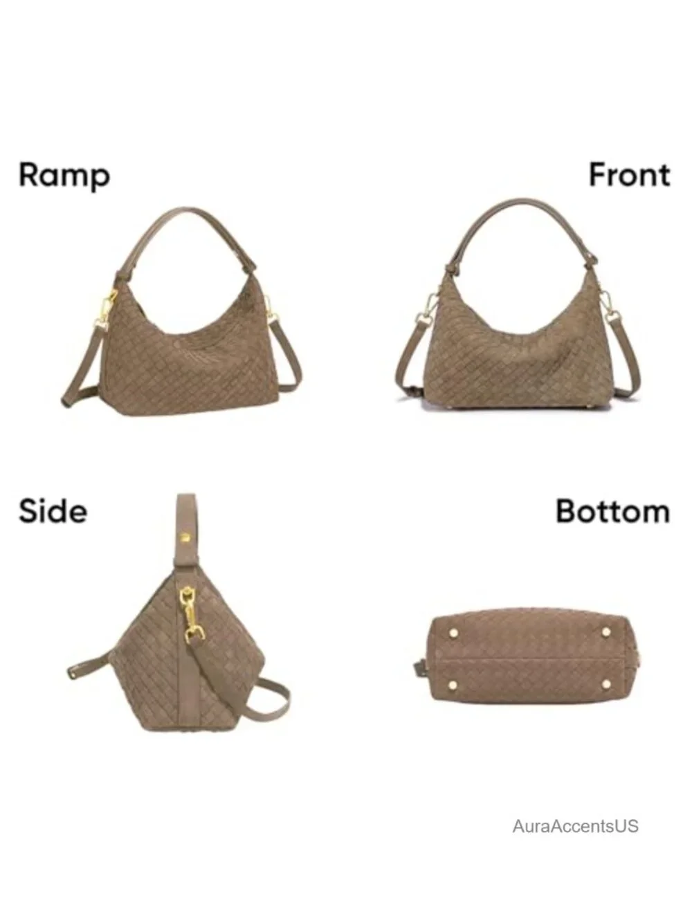 Woven Suede Shoulder Bag - Slouchy Hobo Satchel, Crescent Crossbody Handbag &